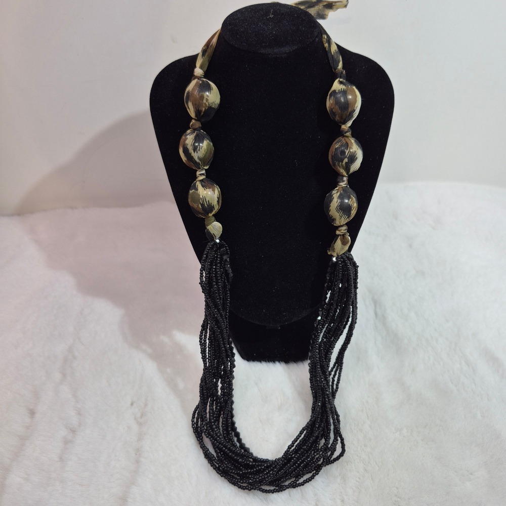 Boho Multi Strand Black Seed Bead Necklace Fabric Wrapped Animal Print